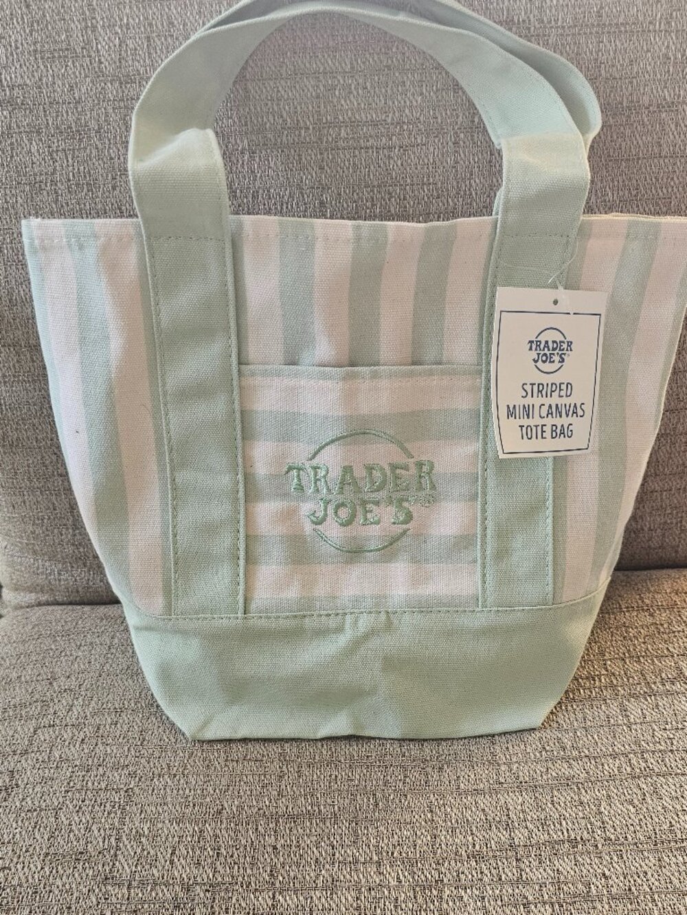 Trader Joe's Limited Edition Mint Green & White Striped Mini Canvas Tote NWT
